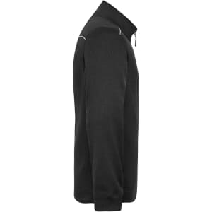 A men's black knit workwear fleece jacket with a zip and contrasting shoulder details, featuring a logo.