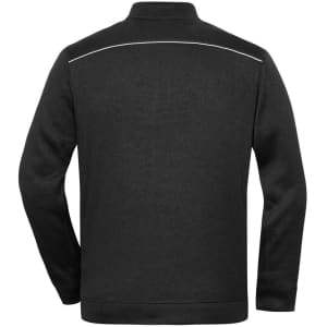 A black fleece jacket with a stand-up collar and a reflective strip across the back. It features long sleeves and has a logo.