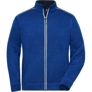 A blue polar fleece jacket featuring a zip front and a collar, with contrasting detailing and a logo.