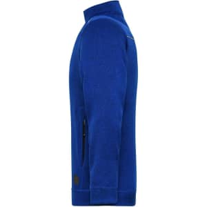 A blue men's knit workwear fleece jacket featuring a side zip pocket and a logo on the front.