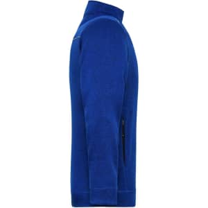 A men's knit workwear fleece jacket in blue with a high collar and zippered pockets, featuring a logo.