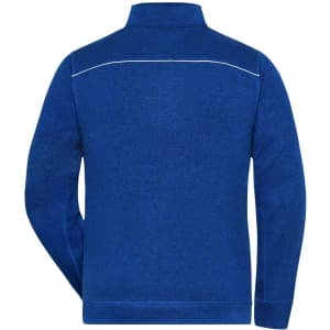A blue men's knit workwear fleece jacket featuring a high collar and a logo. The back has a contrasting seam detail.