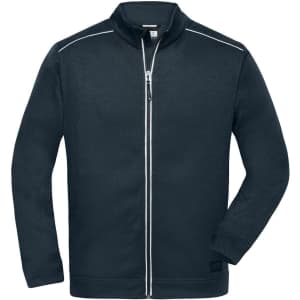 A navy polar fleece jacket featuring a zip front and contrasting white stitching, with a logo on the hem.