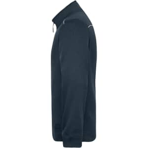 A men's navy knit workwear fleece jacket with a zip and a logo on the side.