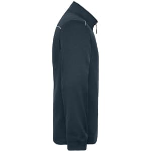 A dark navy fleece jacket with a high collar and zip closure, featuring a logo on the side.