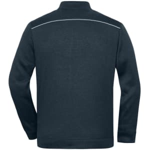A dark navy fleece jacket featuring a zip-up collar and a subtle back design, with a logo on the fabric.