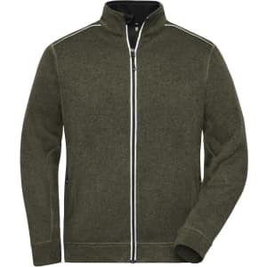 A men's knit workwear fleece jacket in olive green with a zip front and a logo on the chest.
