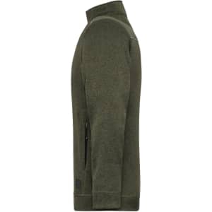 A men's polar fleece jacket in olive green, featuring a zippered side pocket and a logo on the sleeve.