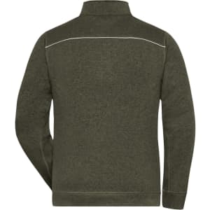 A men's knit workwear fleece jacket in olive green, featuring a collar and a subtle logo.