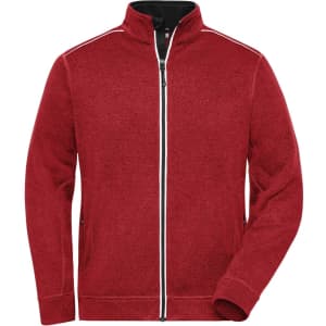 A red knit fleece jacket featuring a zip front and contrast stitching, with a collar and pockets. It has a logo.