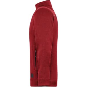 A red men's knit workwear fleece jacket featuring a high collar and zippered side pockets. It has a small logo on the lower hem.