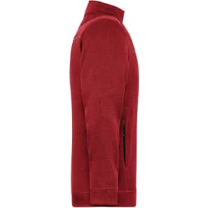 A red men's knit workwear fleece jacket with a zippered pocket and a high collar. It features a logo.