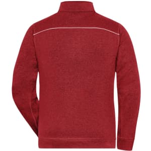 A red men's knit workwear fleece jacket with a high neck and a subtle logo on the back.