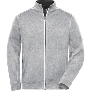 A grey polar fleece jacket with a zip front, featuring a collar and side pockets. It has a logo on it.