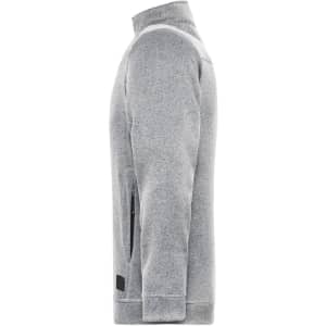 A grey polar fleece jacket with a high collar and side zip pockets, featuring a logo on the lower side.