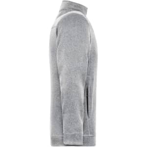 A men's knit workwear fleece jacket in grey, featuring a side zip pocket and a stylish collar.