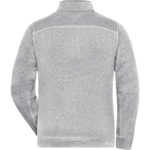 A grey men's knit workwear fleece jacket with a high collar and a logo on the back.
