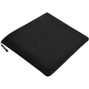 A black fleece blanket with a smooth texture and a zippered edge. It features a logo on the corner.