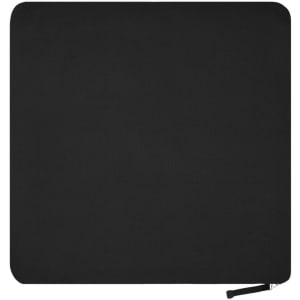 A black fleece blanket with a rounded corner and a zipper detail. It features a simple, solid design.