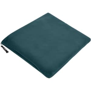 A fleece blanket in a deep teal colour with a smooth texture and zip closure. It features a logo.
