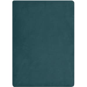 A teal fleece blanket with a smooth texture, featuring a simple, solid design and edged corners.