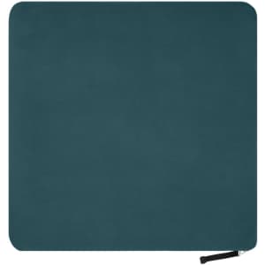 A fleece blanket in a deep teal colour, featuring a smooth texture and a zip closure.