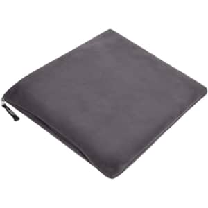 A grey fleece blanket with a smooth texture and a zip closure on one side. It includes a logo.