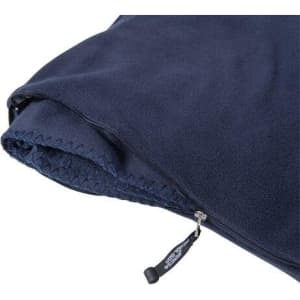 A navy fleece blanket featuring a zip closure and a textured lining, with a small logo present.