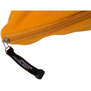 A yellow fleece blanket with a zip closure and a branded tag.
