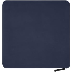A fleece blanket in a solid navy blue colour, featuring rounded corners and a zipper.