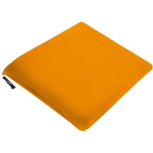 A fleece blanket in a vibrant orange colour, featuring a zipped edge. It has a simple design without any visible patterns.