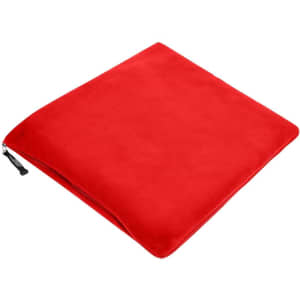 A red fleece blanket with a smooth texture and zip closure, featuring a logo.