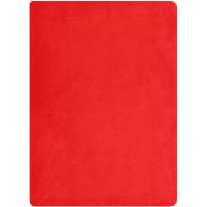 A red fleece blanket with a smooth texture and a simple rectangular shape. It features a logo in one corner.