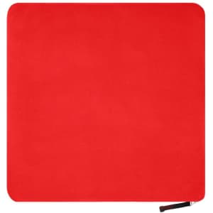 A red fleece blanket with a smooth texture and rounded edges. It includes a small branding logo.