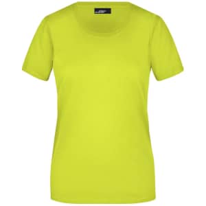 A bright yellow ladies T-shirt with a round neckline and short sleeves, featuring a logo tag.