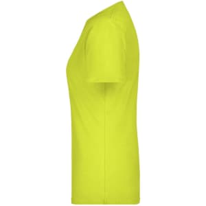 A side view of a bright yellow women's basic T-shirt with short sleeves and a fitted silhouette. It features a logo.