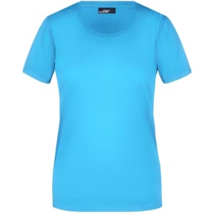 A bright blue basic T-shirt for ladies featuring a round neckline and short sleeves, with a visible logo.