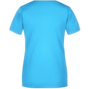 A short-sleeved ladies' T-shirt in bright blue, featuring a simple design and a logo on the back.