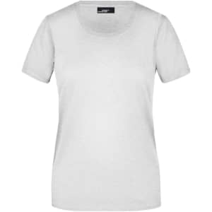 A light grey ladies' basic T-shirt with short sleeves and a round neckline. It features a logo on the label.