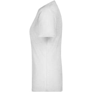 A white basic T-shirt displayed from the side, featuring a fitted design and a small logo.