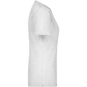 A plain white women's T-shirt displayed from the side, featuring short sleeves and a fitted silhouette.