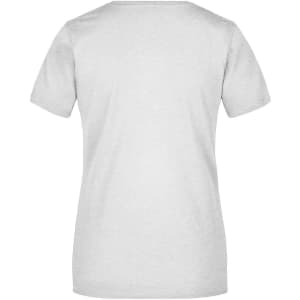 A plain grey ladies t-shirt with short sleeves and a round neckline, featuring a logo on the back.