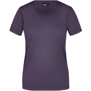 A purple ladies T-shirt with short sleeves and a round neckline. It features a logo on the label.