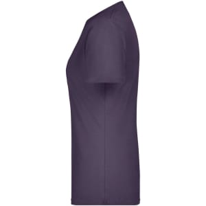 A purple ladies' T-shirt with a classic fit and a crew neckline, featuring a logo on the side.