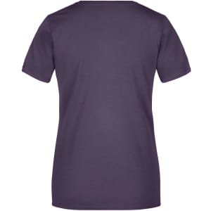 A purple ladies' basic T-shirt with short sleeves and a plain back design. It has a logo on the back.