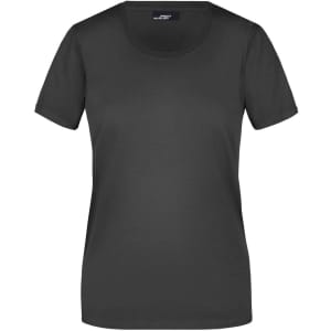 A black short-sleeved ladies T-shirt with a round neckline and a logo on the label.