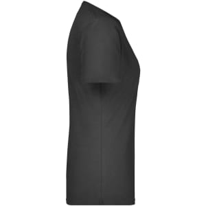 A black ladies' basic T-shirt displayed from the side, featuring a simple design and a fitted silhouette.