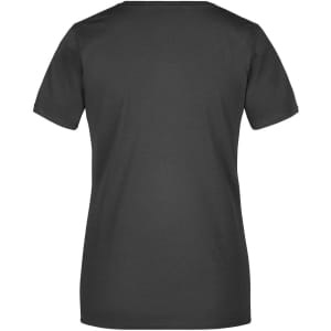 A black ladies' basic T-shirt with short sleeves and a round neckline, featuring a logo on the back.