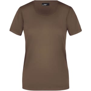 A brown ladies T-shirt featuring a round neckline and short sleeves, with a logo on the label.