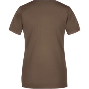 A plain brown women's T-shirt with a short sleeve and a simple design. It features a logo on the back.